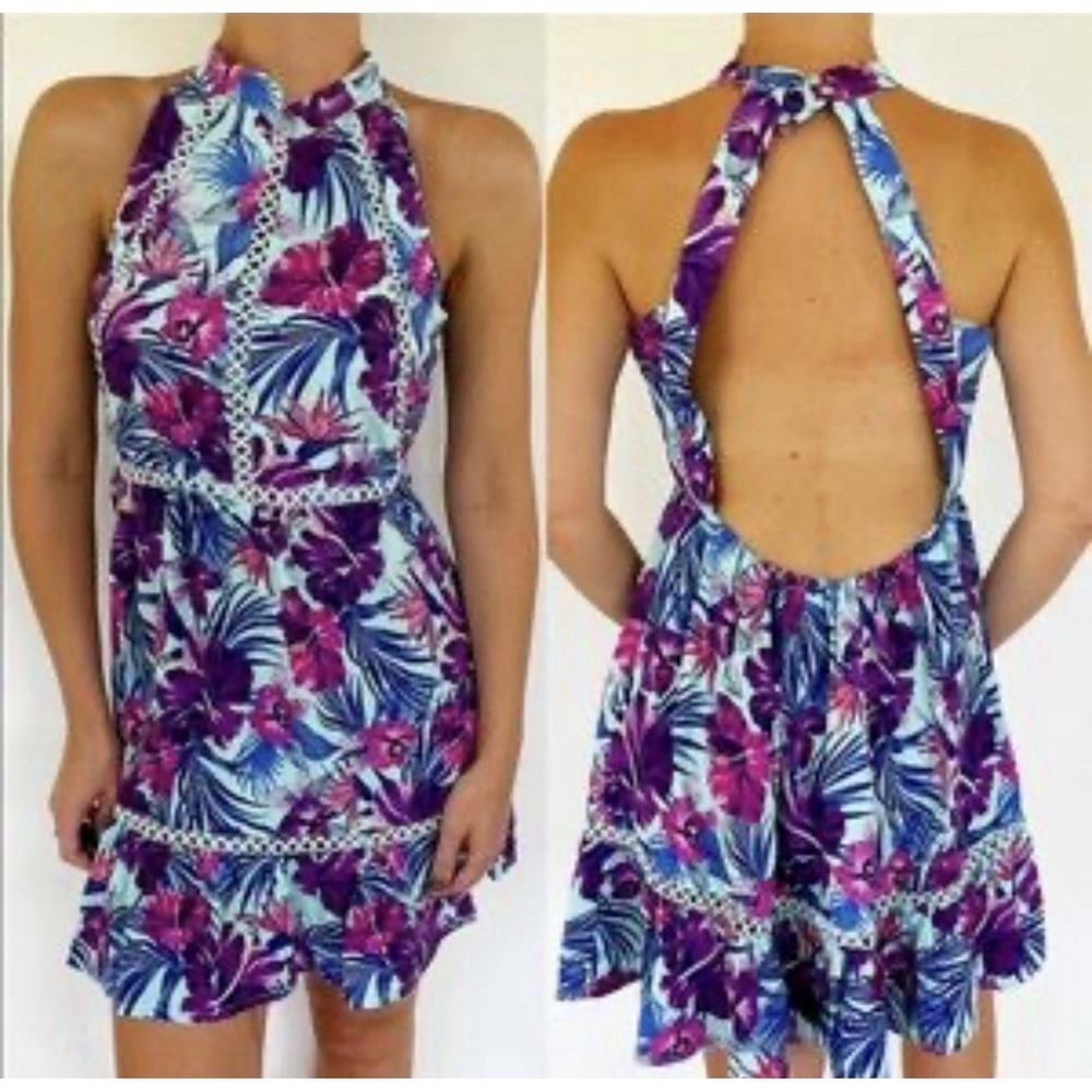 SUNDAY MI AMOR Women's Blue Open Back Floral Mini Dress Tropical XS New $59.99